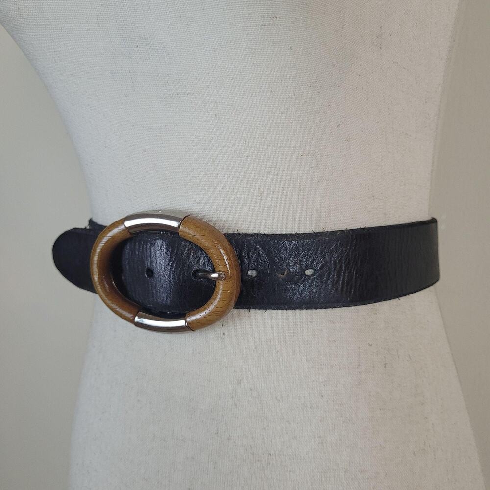Fossil Belt Womens Medium Black Leather Wide Wood Metal Buckle Boho Statement - Picture 2 of 9